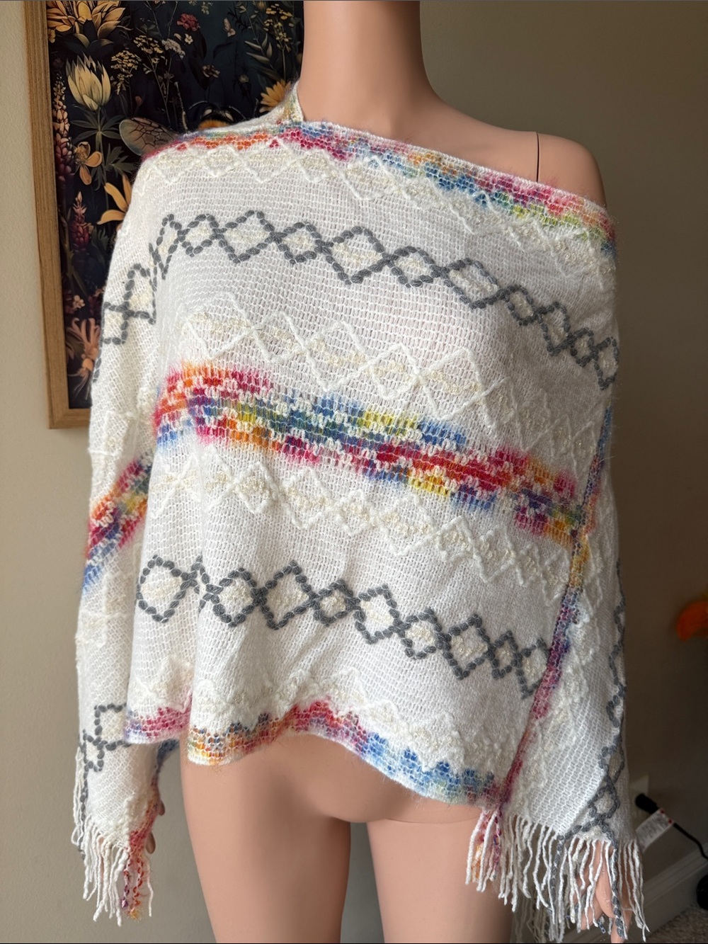 White Multicolor Patterned Women's Sweater Poncho